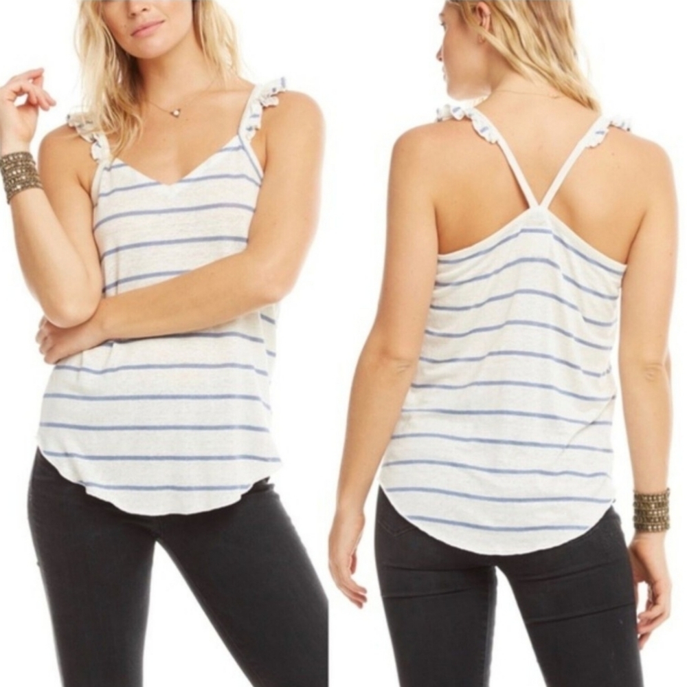 CHASOR Striped Linen Ruffle Strap Tank Top